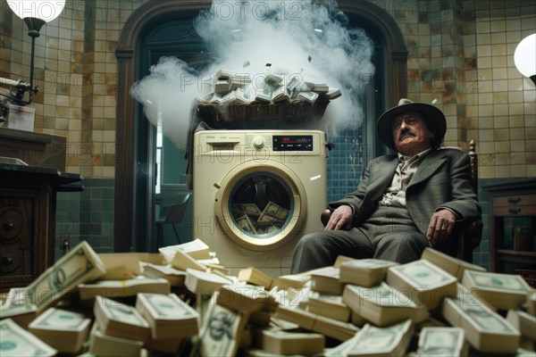 A man in an elegant suit sits relaxed on a chair, surrounded by an overloaded and smoking washing