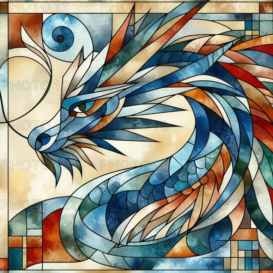 Dynamic abstract mosaic of a dragon with geometric patterns in blue and orange, square aspect, AI