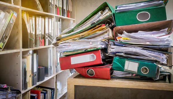 A bookshelf overflowing with piles of files, showing disorganisation in a study, symbol