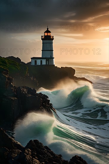 Lighthouse nestled against a vast ocean with waves rhythmically crashed onto the rocky shoreline,