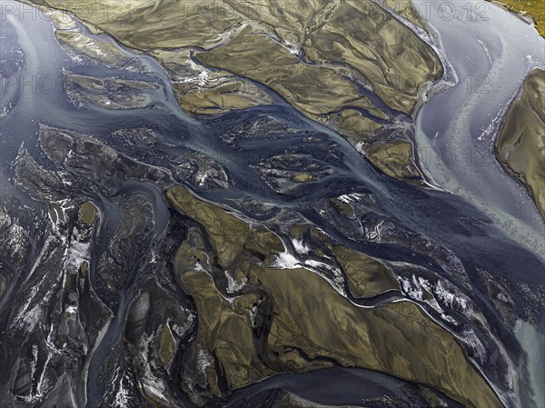 Overgrown river landscape, Eldhraun, near Kirkjubaejarklaustur, drone image, Sudurland, Iceland,
