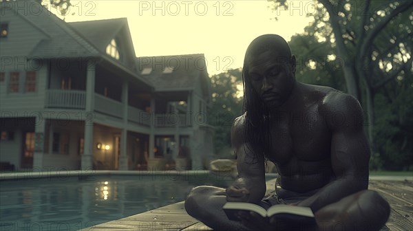 A contemplative black muscular man reading a book by the pool at dusk, with a luxurious house in