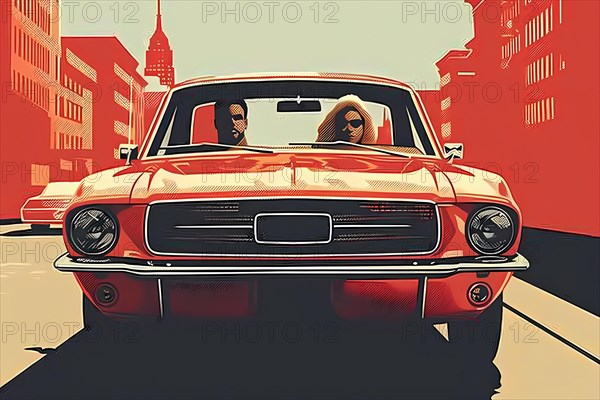 View from the front of a classic red car driving in the city with two passengers, illustration, AI