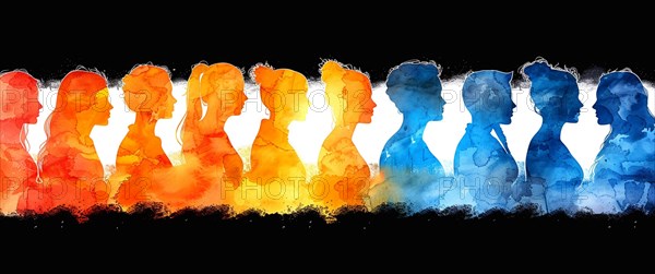 Contrasting dual-tone silhouettes in warm and cool colors arranged in a line, banner 3:1 wide