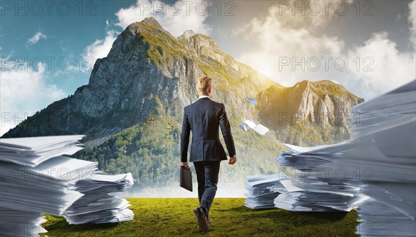 A businessman throws papers behind him as he walks through a mountain landscape, symbol