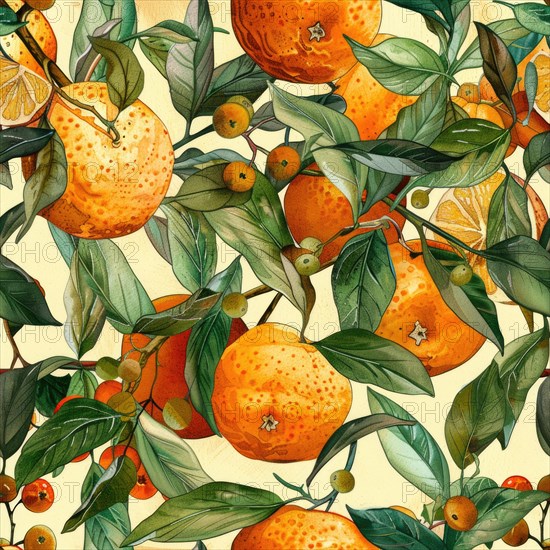 Watercolor seamless pattern with detailed oranges and fruits in a rich and vibrant arrangement AI