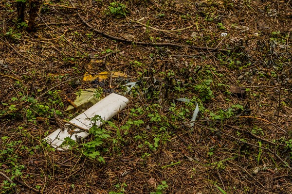 Discarded white plastic container on a forest floor indicating environmental pollution, in South