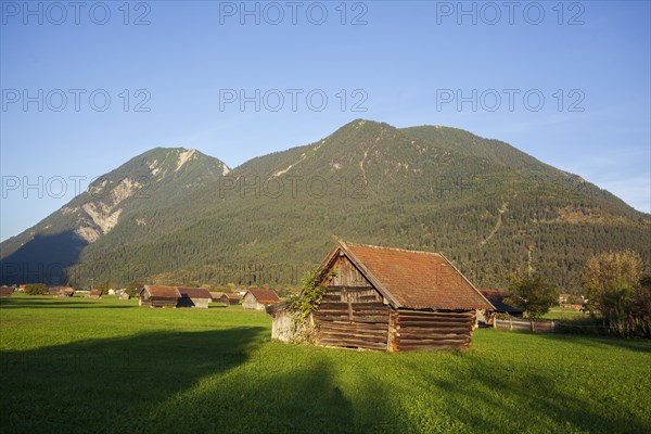Hay barn with meadow and local mountain Wank in the evening light, Garmisch-Partenkirchen,