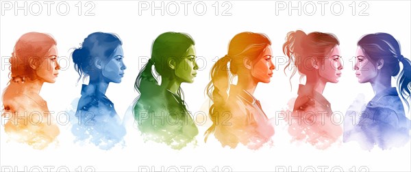 A sequence of women's profiles in a serene watercolor gradient from light to dark blue, with a