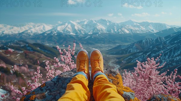 A traveler rests high above, with feet clad in bright yellow against a backdrop of spring