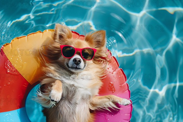 Cute Pomeranian dog with red sunglasses lying in floating tire in swimming pool water. KI