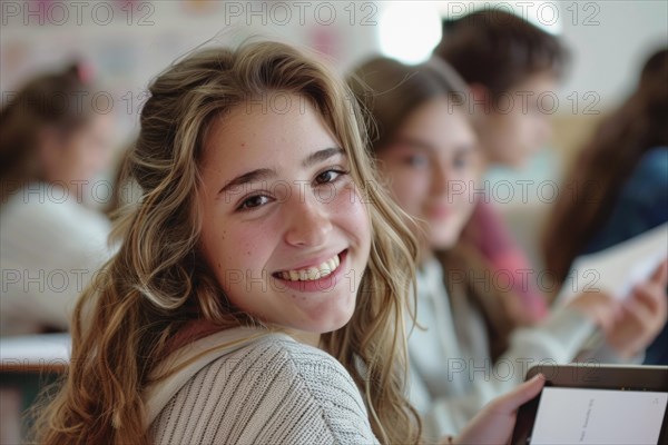 A schoolgirl, teenager sits in the classroom with a digital tablet and looks into the camera,