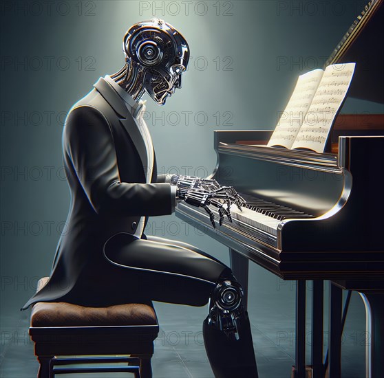 A humanoid robot sits at a grand piano in a concert hall and plays classical music, symbolic image