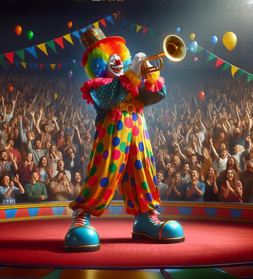 A clown, a musical clown, in mask and costume plays the trumpet in the ring of a circus, AI