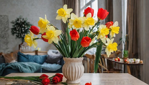 A large bouquet of yellow daffodils and red tulips in a vase stands on the table in the flat, AI