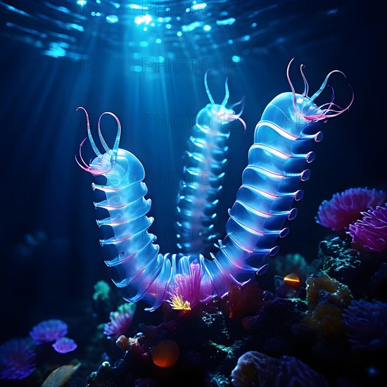 Bristle worms bioluminescent bodies floating in deep ocean, AI generated, deep sea, fish, squid,