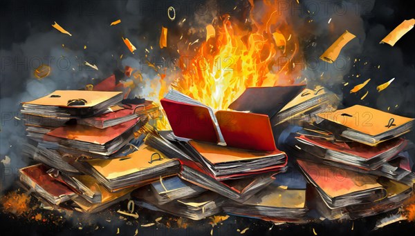 Illustration of burning books, flames surround the stacks of books, symbol bureaucracy, AI