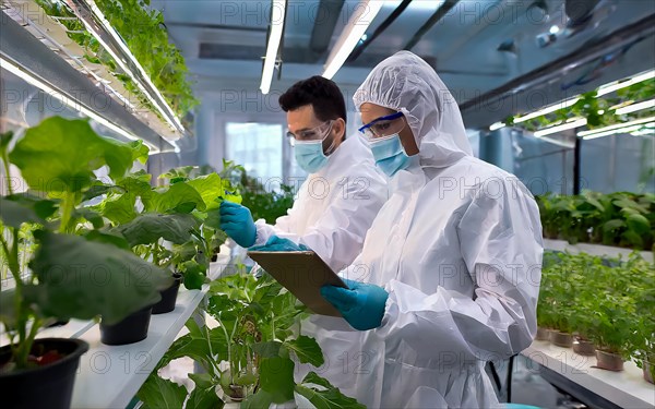Biologists in protective suits grow vegetables in the lab, the concept of biotechnology, plant care