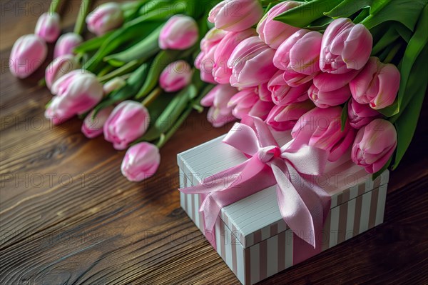 Gift Box with Pink Ribbon Beside bouquet of Fresh Tulips. Background for Valentine day, March 8,