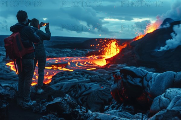 Tourists, onlookers photograph a spectacular volcanic landscape with liquid, partially cooled lava
