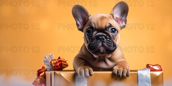 Cute French Bulldog dog puppy with gift box on yellow background. KI generiert, generiert, AI