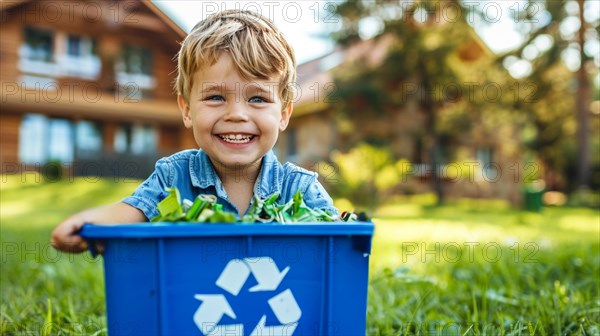 Joyful child with a big smile sitting inside a blue recycling bin on a grassy field, waste
