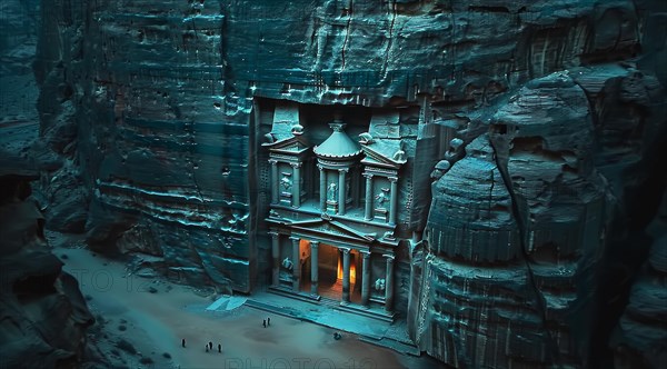 An ancient sandstone facade of Al-Khazneh, the Treasury in Petra, Jordan, at dusk, ai generated, AI
