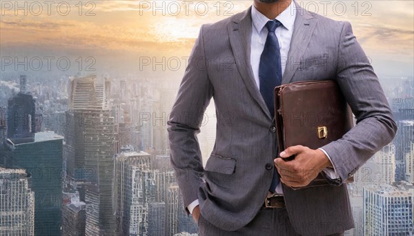Self-confident businessman with briefcase in front of the panorama of a metropolis at sunset,