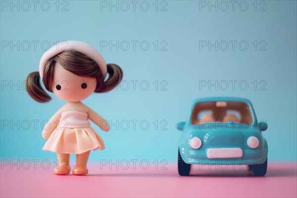 Gender stereotypical toys for children with car and doll on pink and blue background. KI generiert,