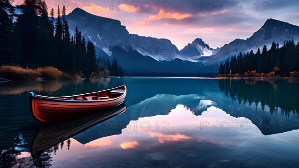 Canoe lies tranquilly atop a mirror like lake surface with sunrise gently kissing the sky, AI