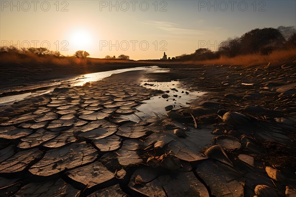 Dry riverbed with scattered dead fish under a harsh afternoon sun illustrating water scarcity, AI