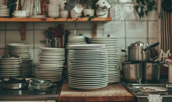 Rustic kitchen with stacked plates on wooden shelves, pots and pans adding to the homely vibe AI