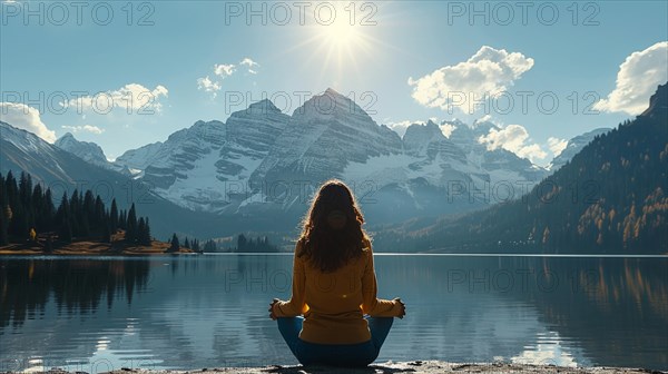 Woman meditating in front of a calm mountain lake at sunrise, relaxation, recreation, serenity,