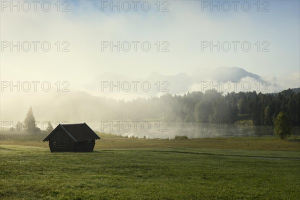 Sunrise and morning fog, Geroldsee or Wagenbruechsee, Kruen near Mittenwald, Werdenfelser Land,