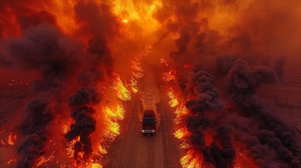 An SUV speeds down a road engulfed by flames and smoke from a forest fire, drone aerial view, AI