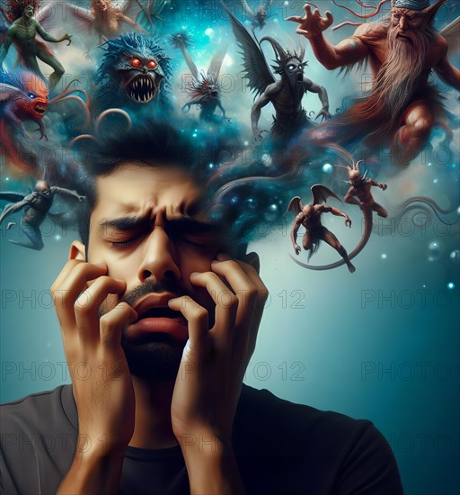 A man has delusions in his head, symbolic image intoxication, narcotic, drug, drug use, fantasies,
