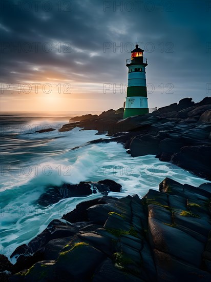 Lighthouse nestled against a vast ocean with waves rhythmically crashed onto the rocky shoreline,