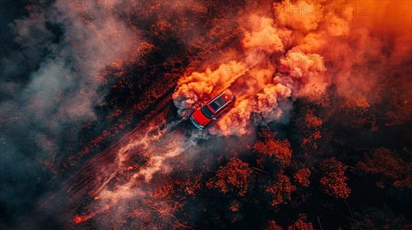 Red sports car driving through a forest with surrounding smoke and fire, drone aerial view, AI