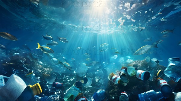 Turbulent ocean waves composed of an amalgamation of plastic waste bottles bags and fragments, AI