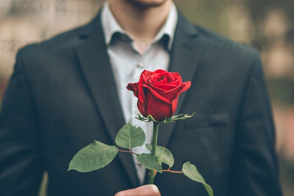 Man in elegant black suit holding romantic single red rose in front of dark studio background. KI