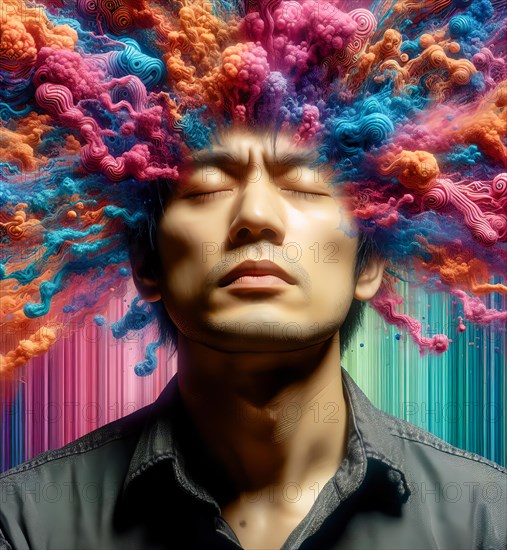 A man has delusions in his head, symbolic image intoxication, narcotic, drug, drug use, fantasies,