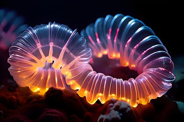 Bristle worms bioluminescent bodies floating in deep ocean, AI generated, deep sea, fish, squid,