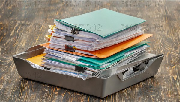 An open metal box with folders and stacks of paper on a table with a wooden pattern, symbol