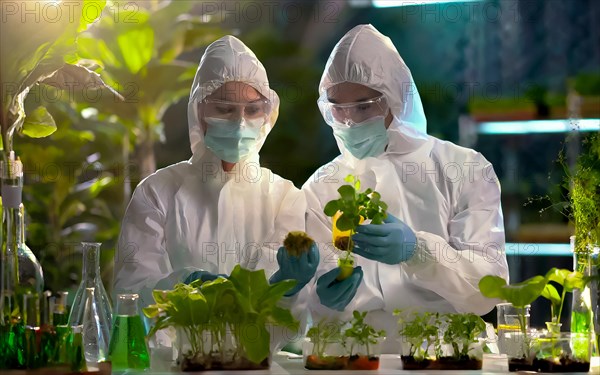 Biologists in protective suits grow vegetables in the lab, the concept of biotechnology, plant care