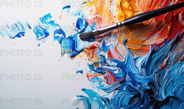 Closeup view of painting brush and paint texture on white canvas. Artistic abstract background AI