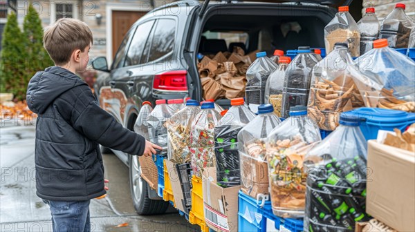 A young boy sorting recyclable materials into separate containers outdoors, family waste