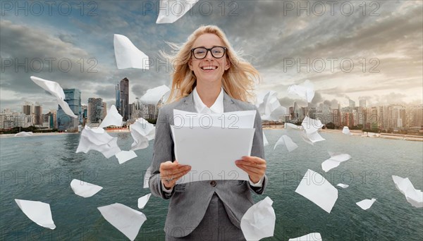 Woman in suit holding a sheet of paper while other papers fly around her in the wind, symbol