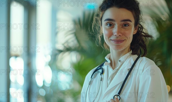 Friendly portrait of a female medical professional in a white coat with stethoscope in a healthcare