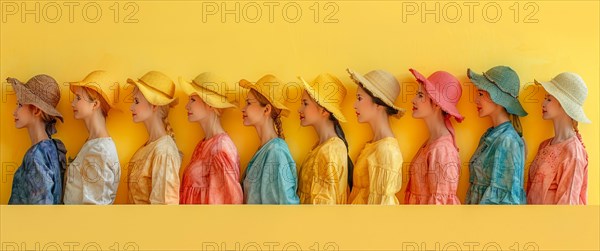 A lineup of women in profile view wearing colorful hats against a yellow background, banner 3:1