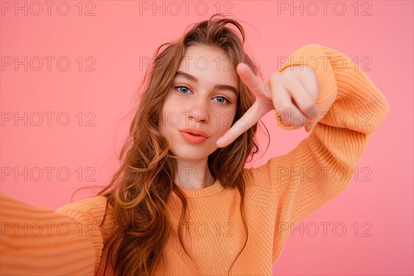 Young teenage girl taking selfie in front of pink studio background. KI generiert, generiert, AI